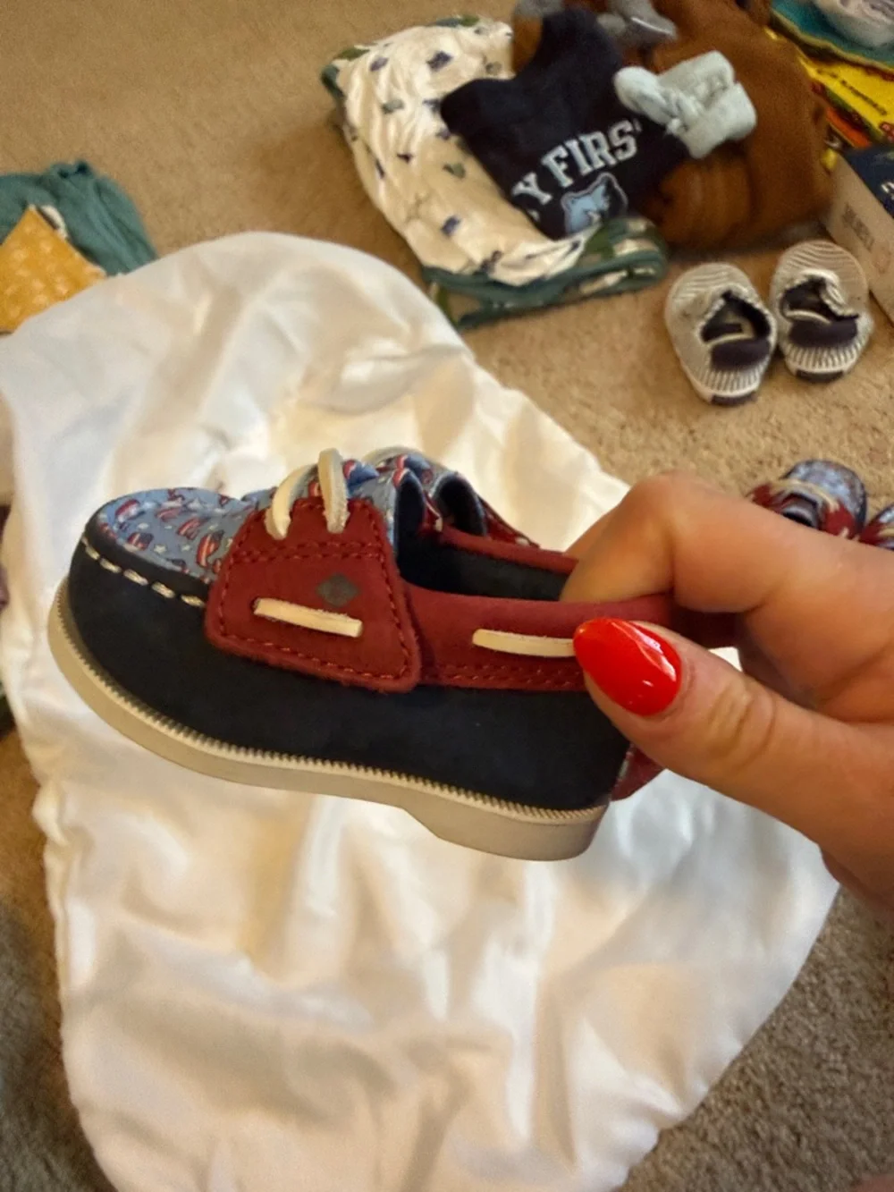 Sperry and Vineyard Vines Red Suede  Baby Moccasins with patriotic whales Size 2